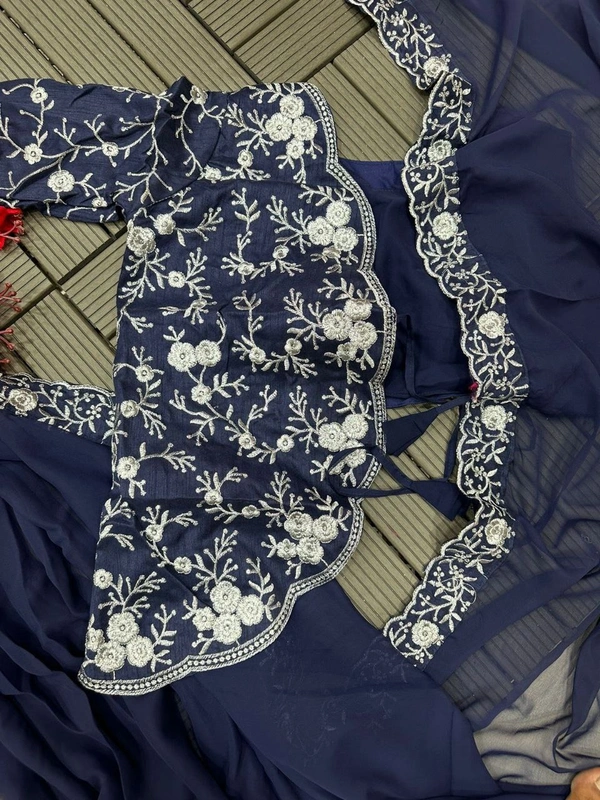FWHB SUPER TRENDING EMBROIDERY CORDING WORK READY TO WEAR SAREE WITH HALF KOTI - 42, Navy Blue