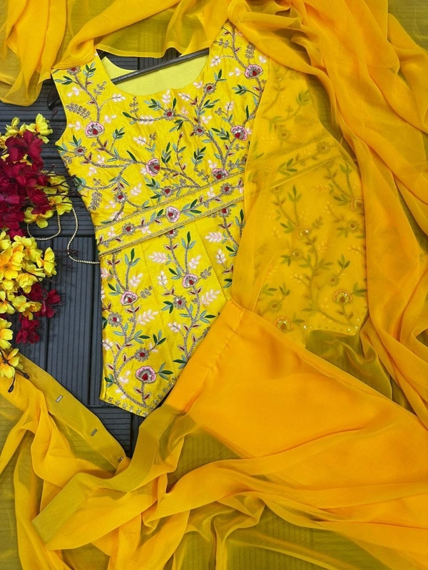 FWHB EMBROIDERY CORDING WORK READY TO WEAR SAREE WITH HALF KOTI - XXL, Yellow