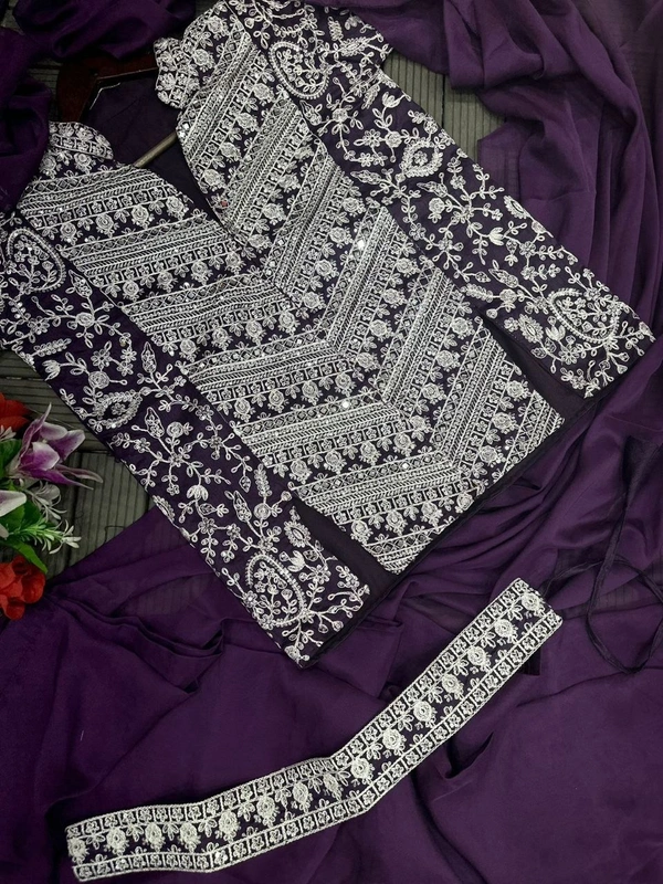 FWHB SUPER CORDING WORRK READY TO WEAR SAREE WITH FULL EMBROIDRED KOTI - XL, Dark Purple