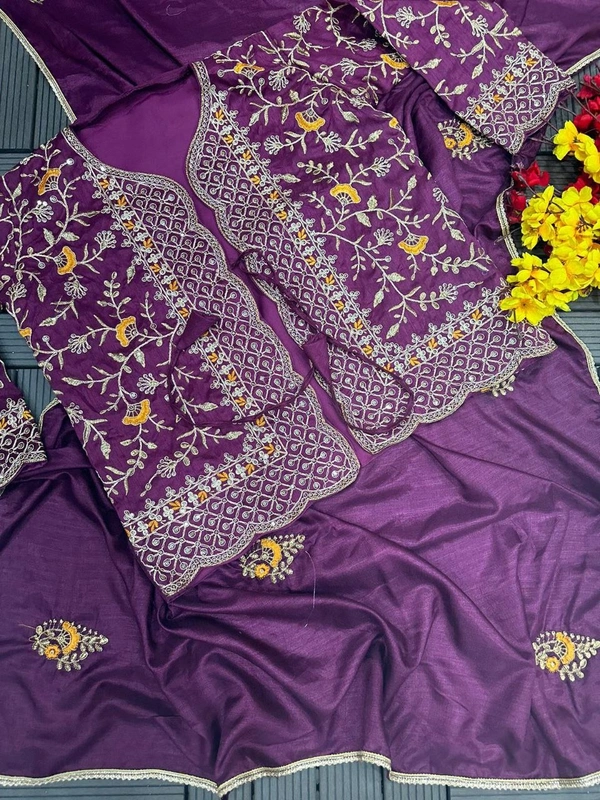 FWHB TRENDING SPECIAL CORDING WORK READY TO WEAR SAREE WITH FULL KOTI - XXL, Purple