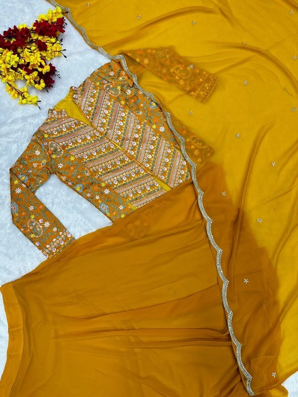 FWHB PARTY WEAR HEAVY EMBROIDERED JACKET LEHENGA SET WITH DUPATTA - XL, Yellow