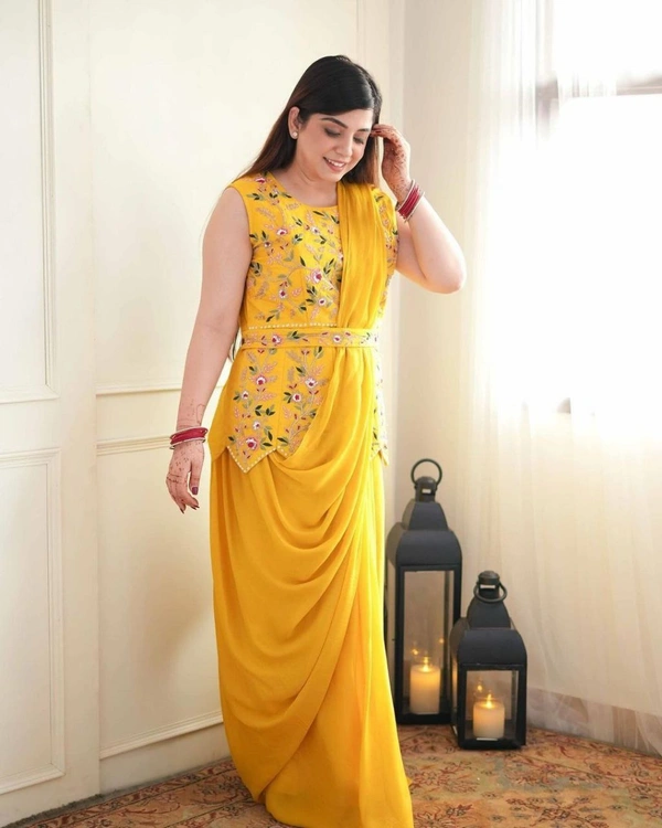 EMBROIDERY CORDING WORK READY TO WEAR SAREE WITH HALF KOTI