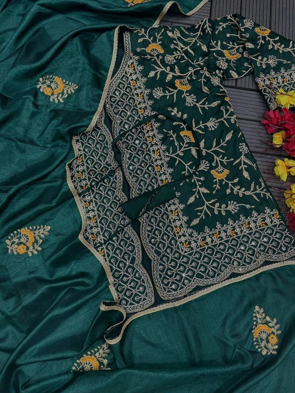 FWHB TRENDING SPECIAL CORDING WORK READY TO WEAR SAREE WITH FULL KOTI - XXL, Deep Green