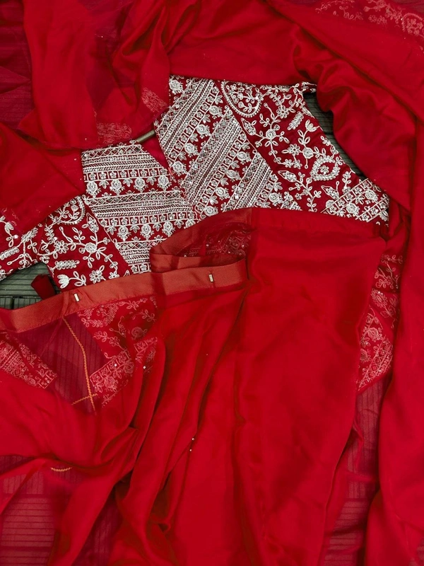 FWHB SUPER CORDING WORRK READY TO WEAR SAREE WITH FULL EMBROIDRED KOTI - XL, Red