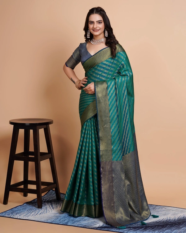 FWVLS RICH CONTRAST BANARASI JAQUARD SILK SAREE - Aqua Blue (Line Sequins)