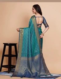 FWVLS RICH CONTRAST BANARASI JAQUARD SILK SAREE - Aqua Blue (Check Sequins)