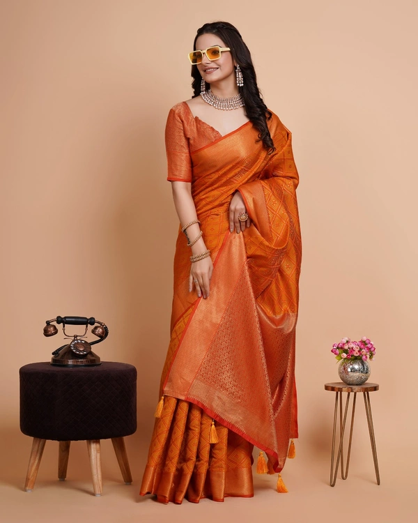 FWVLS RICH CONTRAST BANARASI JAQUARD SILK SAREE - Orange Gold (Check Sequins)