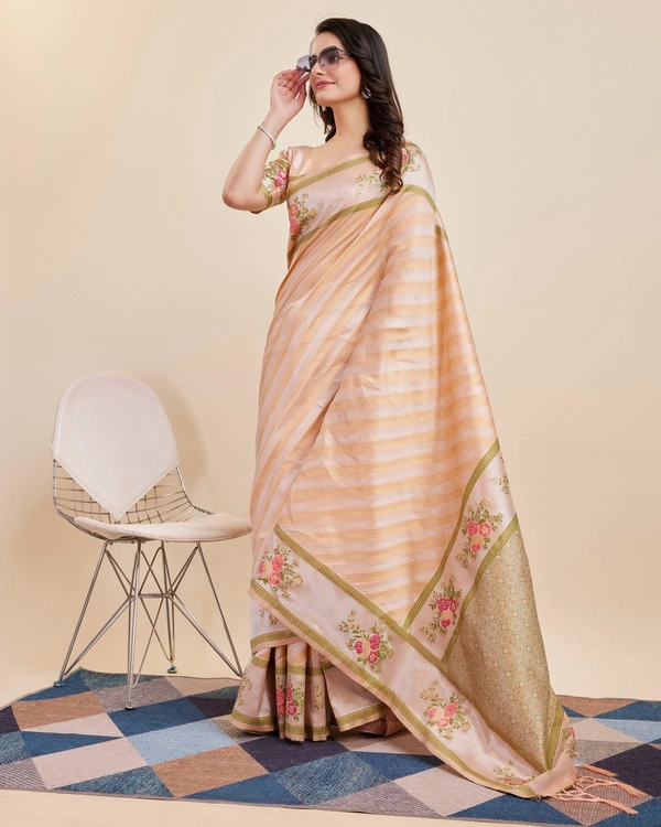 FWVLS BANARASI JAQUARD JARI THREAD SILK SAREE WITH BLOUSE PIECE - Light Orange