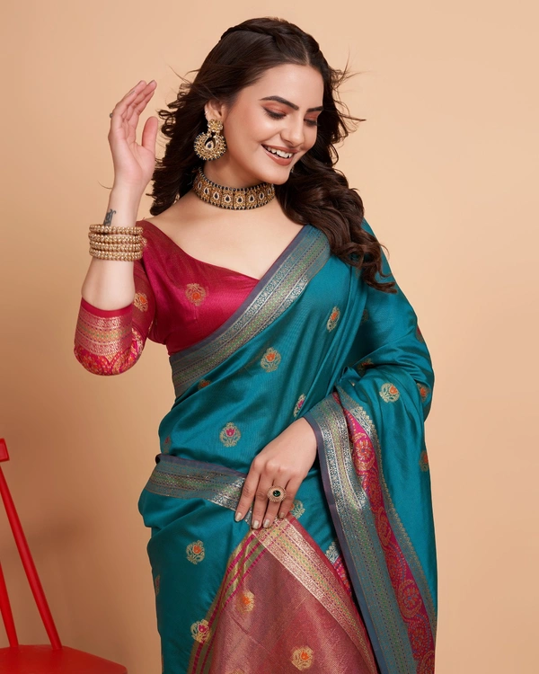 FWVLS BEAUTIFUL SOFT BANARASI SILK SAREE CRISTIN - Ocean Blue