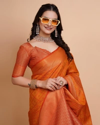 FWVLS RICH CONTRAST BANARASI JAQUARD SILK SAREE - Orange Gold (Check Sequins)