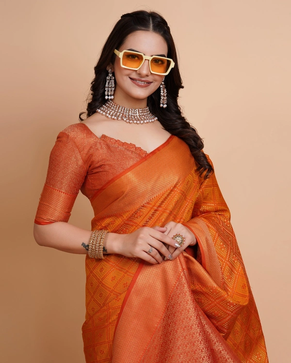 FWVLS RICH CONTRAST BANARASI JAQUARD SILK SAREE - Orange Gold (Check Sequins)