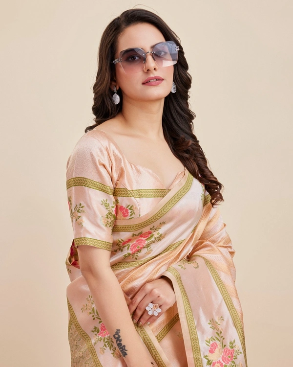 FWVLS BANARASI JAQUARD JARI THREAD SILK SAREE WITH BLOUSE PIECE - Light Orange
