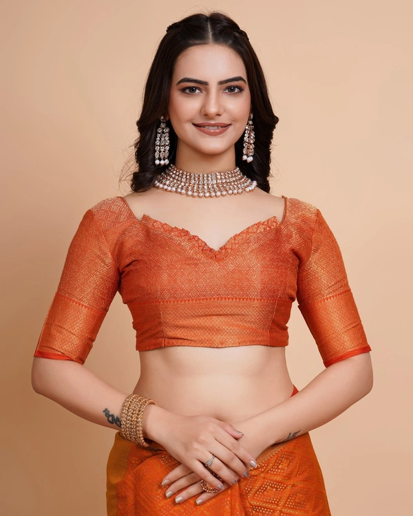 FWVLS RICH CONTRAST BANARASI JAQUARD SILK SAREE - Orange Gold (Check Sequins)