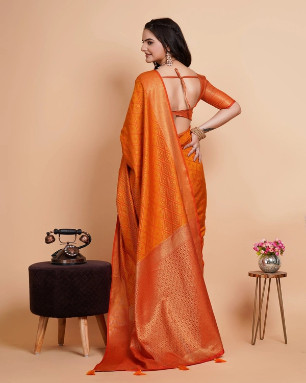 FWVLS RICH CONTRAST BANARASI JAQUARD SILK SAREE - Orange Gold (Check Sequins)