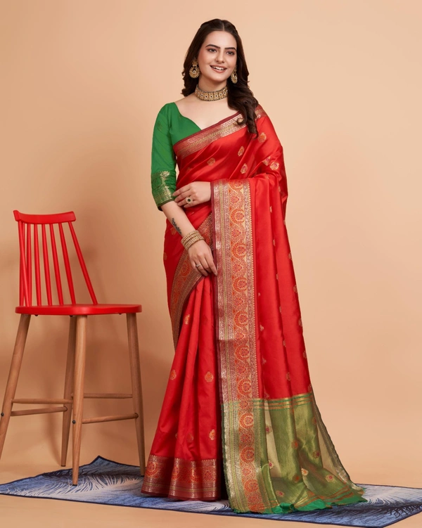 FWVLS BANARASI JAQUARD SILK SAREE WITH RICH RICH CONTRAST PALLU - Red