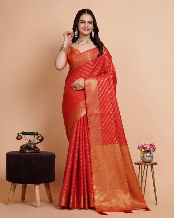 FWVLS RICH CONTRAST BANARASI JAQUARD SILK SAREE - Orange Red (Line Sequins)
