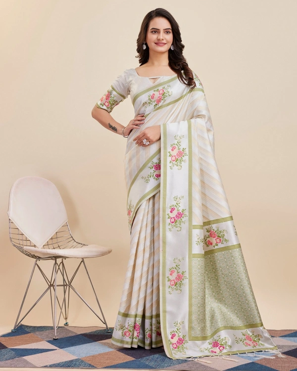 FWVLS BANARASI JAQUARD JARI THREAD SILK SAREE WITH BLOUSE PIECE - Off White
