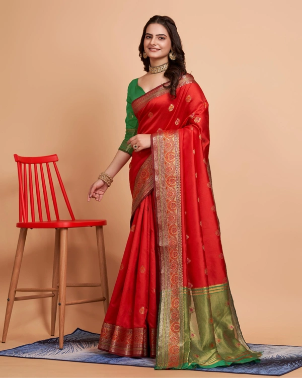 FWVLS BANARASI JAQUARD SILK SAREE WITH RICH RICH CONTRAST PALLU - Red