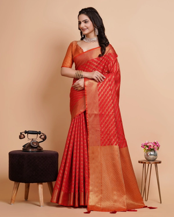 FWVLS RICH CONTRAST BANARASI JAQUARD SILK SAREE - Orange Red (Line Sequins)