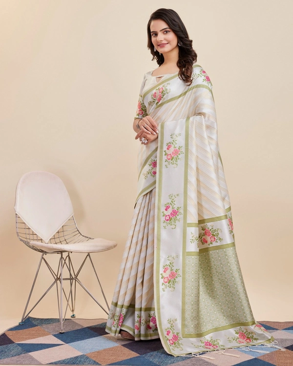 FWVLS BANARASI JAQUARD JARI THREAD SILK SAREE WITH BLOUSE PIECE - Off White