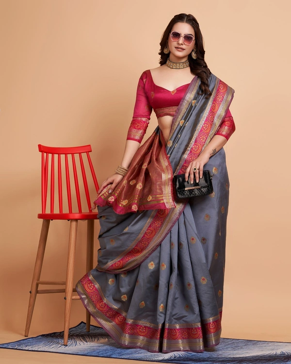 FWVLS BEAUTIFUL SOFT BANARASI SILK SAREE CRISTIN - Grey
