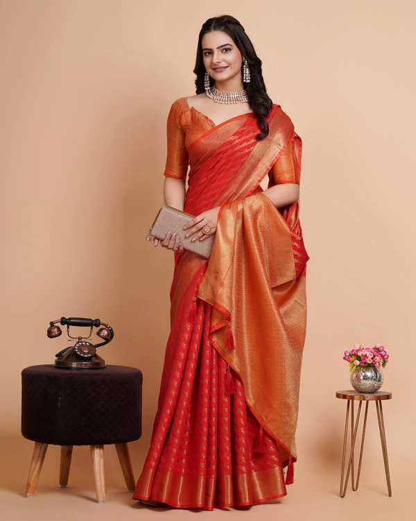 FWVLS RICH CONTRAST BANARASI JAQUARD SILK SAREE - Orange Red (Line Sequins)