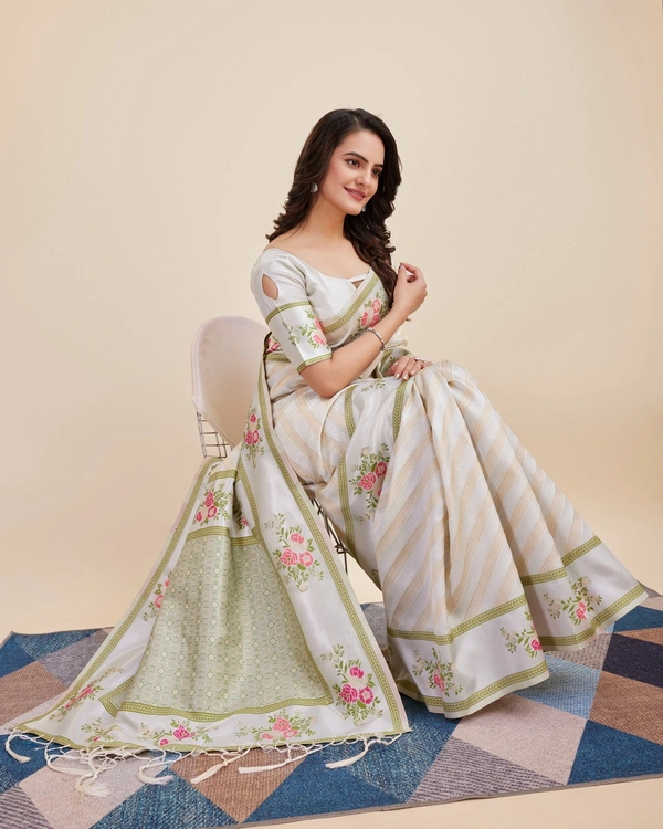 FWVLS BANARASI JAQUARD JARI THREAD SILK SAREE WITH BLOUSE PIECE - Off White