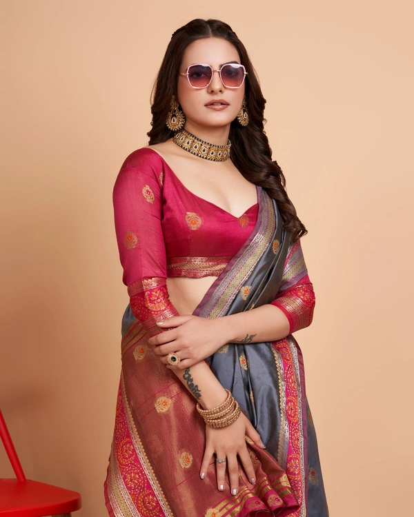 FWVLS BEAUTIFUL SOFT BANARASI SILK SAREE CRISTIN - Grey
