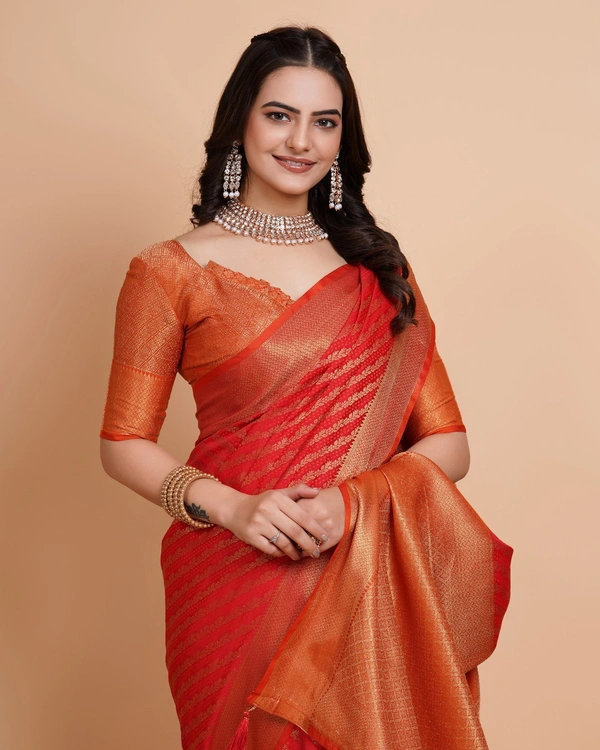 FWVLS RICH CONTRAST BANARASI JAQUARD SILK SAREE - Orange Red (Line Sequins)