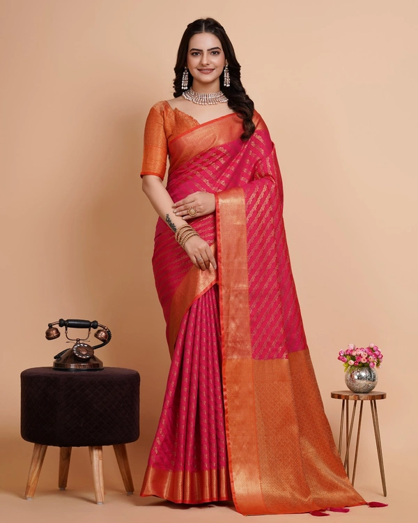 FWVLS RICH CONTRAST BANARASI JAQUARD SILK SAREE - Hot Pink (Line Sequins)