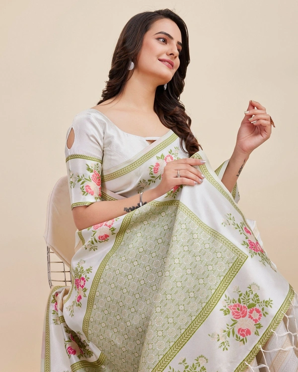 FWVLS BANARASI JAQUARD JARI THREAD SILK SAREE WITH BLOUSE PIECE - Off White