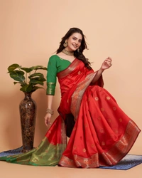 FWVLS BANARASI JAQUARD SILK SAREE WITH RICH RICH CONTRAST PALLU - Red