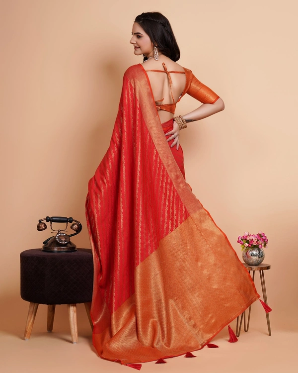 FWVLS RICH CONTRAST BANARASI JAQUARD SILK SAREE - Orange Red (Line Sequins)