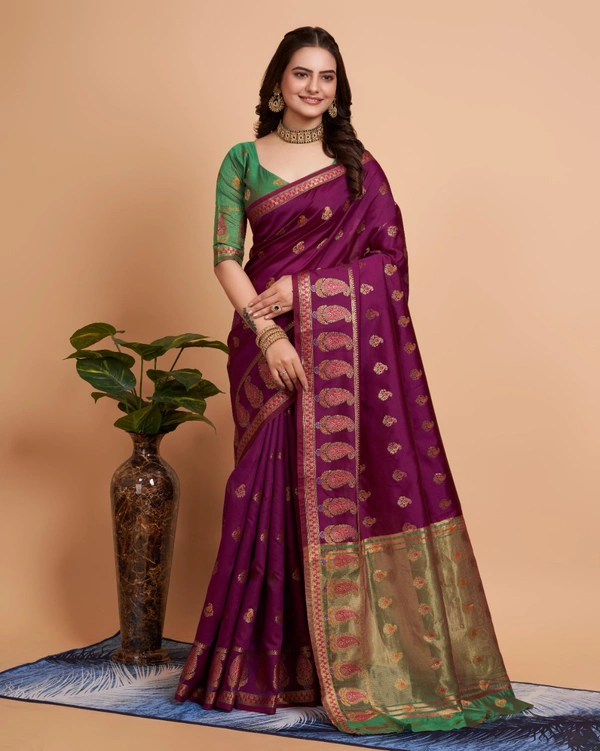 FWVLS BANARASI JAQUARD SILK SAREE WITH RICH RICH CONTRAST PALLU - Magenta Red