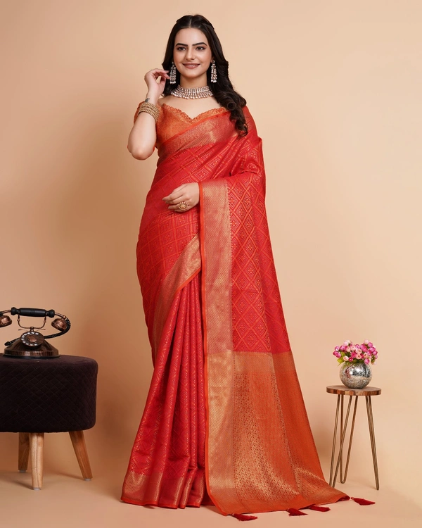FWVLS RICH CONTRAST BANARASI JAQUARD SILK SAREE - Orange Red (Check Sequins)
