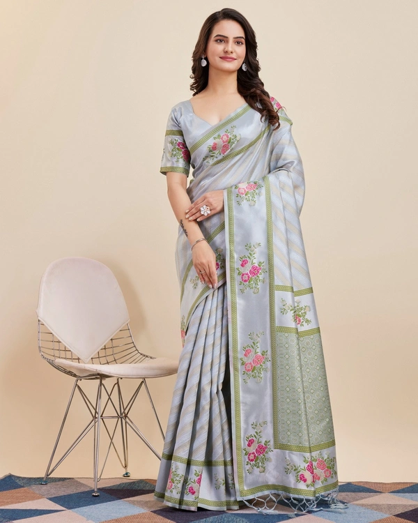 FWVLS BANARASI JAQUARD JARI THREAD SILK SAREE WITH BLOUSE PIECE - Grey