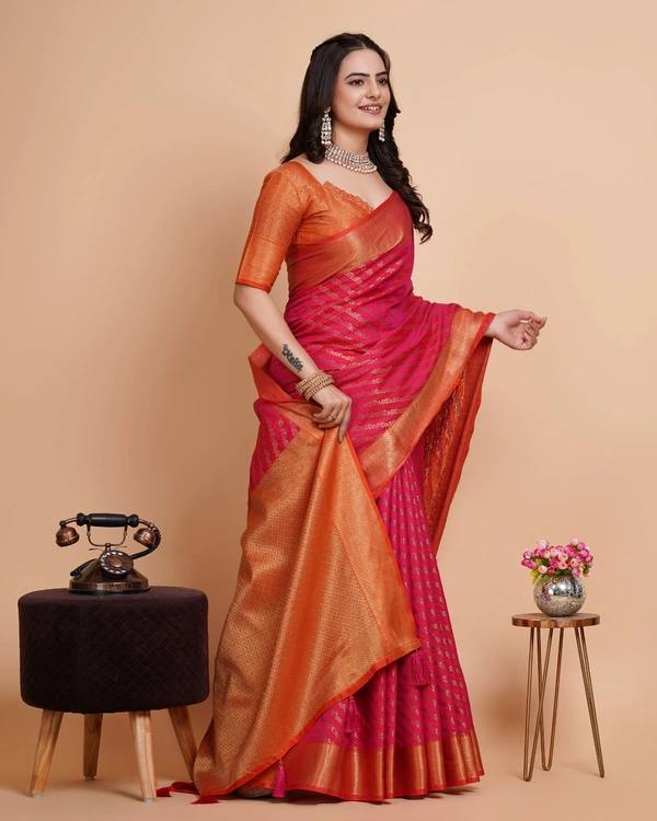FWVLS RICH CONTRAST BANARASI JAQUARD SILK SAREE - Hot Pink (Line Sequins)