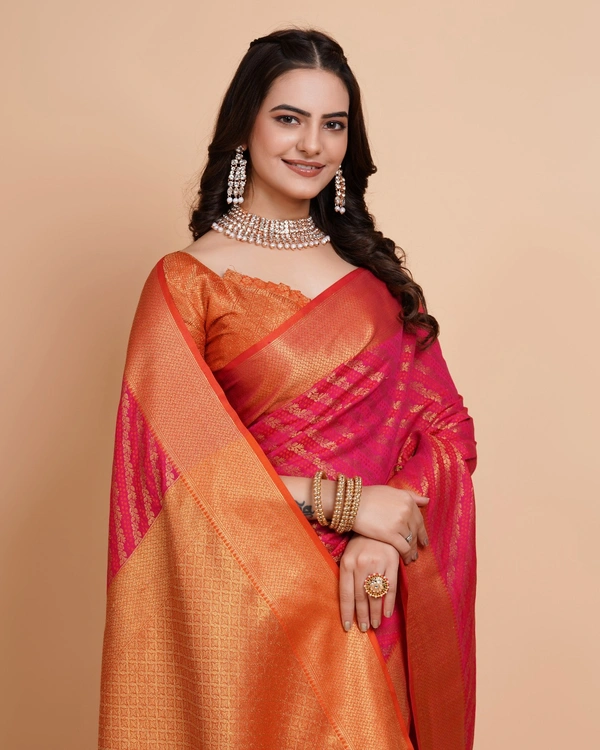 FWVLS RICH CONTRAST BANARASI JAQUARD SILK SAREE - Hot Pink (Line Sequins)