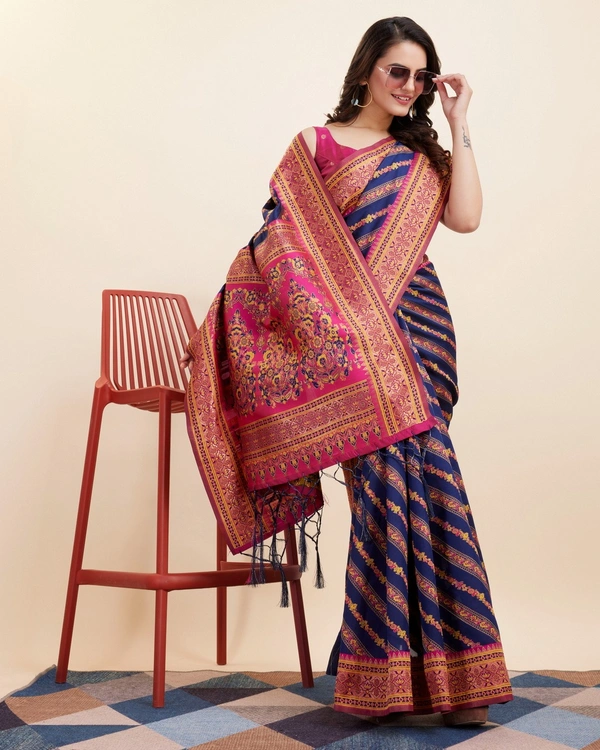FWVLS BEAUTIFUL COTTON SILK RICH JAQUARD WORK SAREE WITH BLOUSE PIECE - Navy Blue
