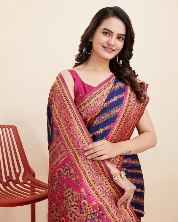 FWVLS BEAUTIFUL COTTON SILK RICH JAQUARD WORK SAREE WITH BLOUSE PIECE - Navy Blue