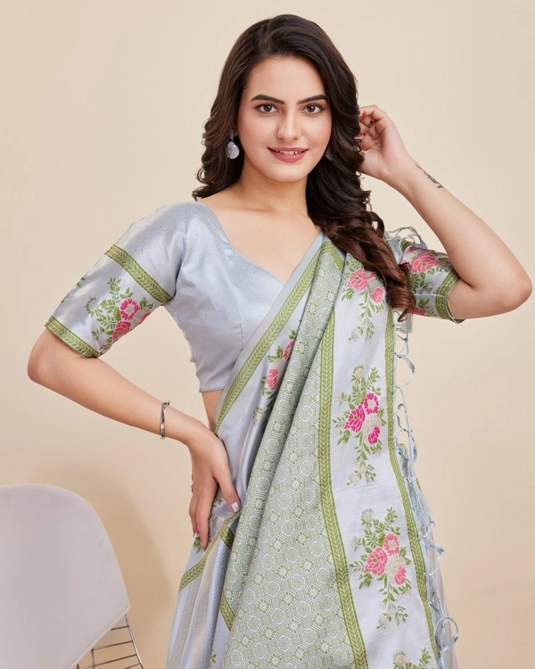 FWVLS BANARASI JAQUARD JARI THREAD SILK SAREE WITH BLOUSE PIECE - Grey