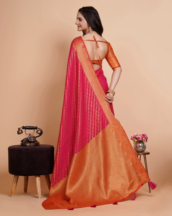 FWVLS RICH CONTRAST BANARASI JAQUARD SILK SAREE - Hot Pink (Line Sequins)