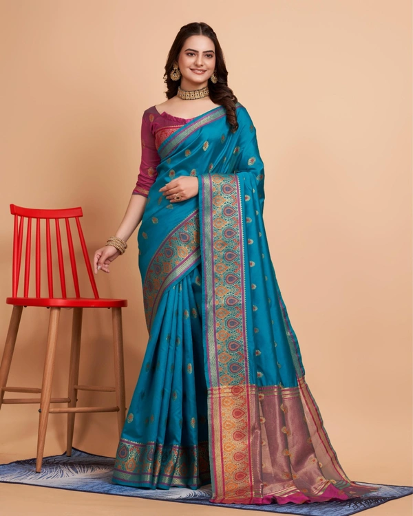 FWVLS BANARASI JAQUARD SILK SAREE WITH RICH RICH CONTRAST PALLU - Ocean Blue