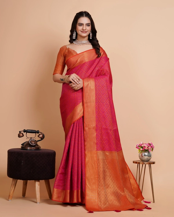 FWVLS RICH CONTRAST BANARASI JAQUARD SILK SAREE - Hot Pink (Check Sequins)