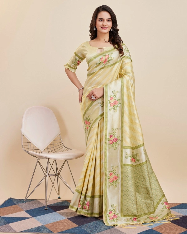FWVLS BANARASI JAQUARD JARI THREAD SILK SAREE WITH BLOUSE PIECE - Light Lemon
