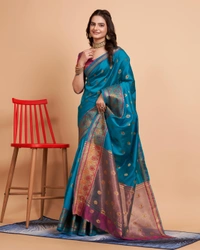 FWVLS BANARASI JAQUARD SILK SAREE WITH RICH RICH CONTRAST PALLU - Ocean Blue