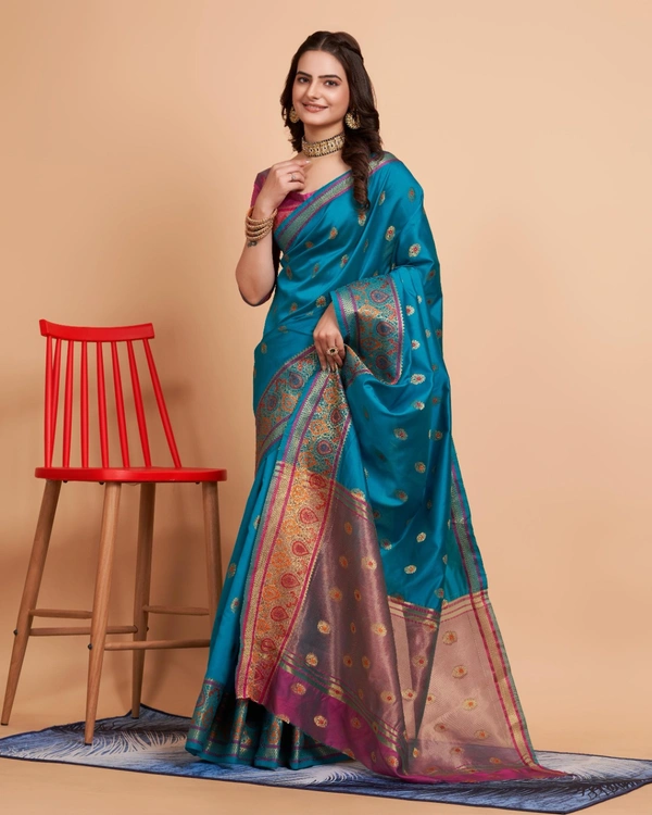 FWVLS BANARASI JAQUARD SILK SAREE WITH RICH RICH CONTRAST PALLU - Ocean Blue