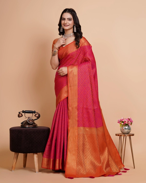 FWVLS RICH CONTRAST BANARASI JAQUARD SILK SAREE - Hot Pink (Check Sequins)