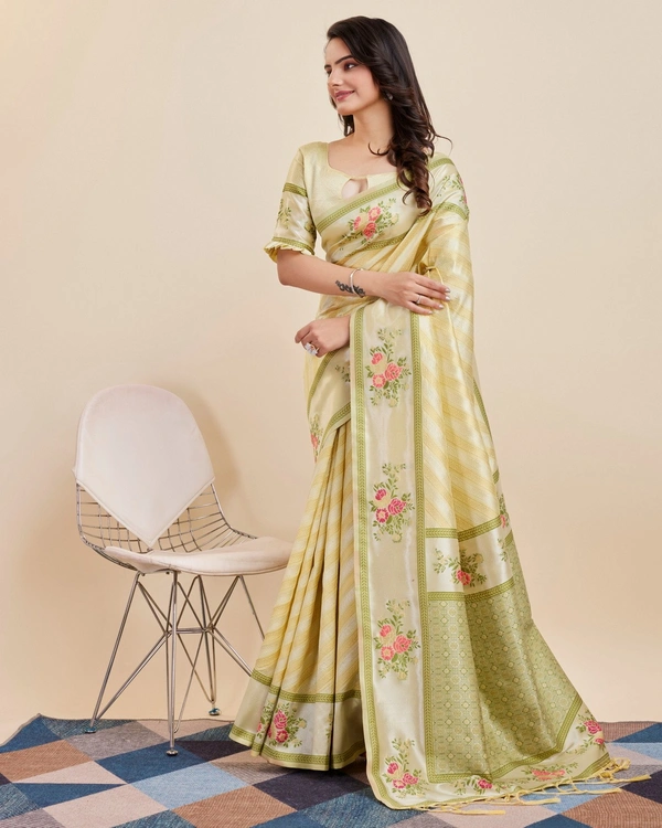 FWVLS BANARASI JAQUARD JARI THREAD SILK SAREE WITH BLOUSE PIECE - Light Lemon