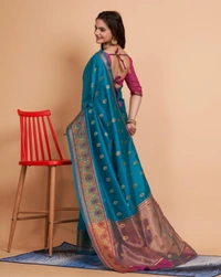 FWVLS BANARASI JAQUARD SILK SAREE WITH RICH RICH CONTRAST PALLU - Ocean Blue